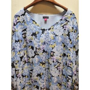 Vince Camuto Blouse Womens 2X Blue Floral Print‎ V Neck Ruffle Bell Sleeve Top